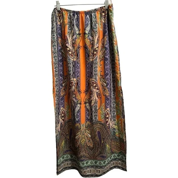Tyche Maxi Skirt. Floral Paisley Stripes Slits on Sides, Orange, Purple. Large. - Picture 8 of 16